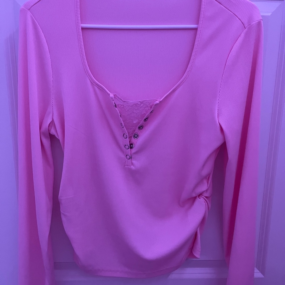 Pink Fitted Long Sleeve Henley Blouse